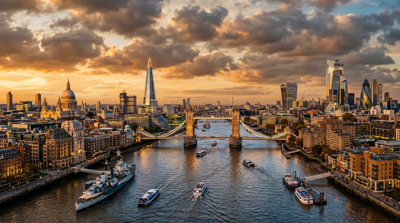 London skyline panorama at golden hour, view across the Thames River showing Tower Bridge, The Shard, St Paul's Cathedral, modern skyscrapers alongside historic buildings, dramatic clouds