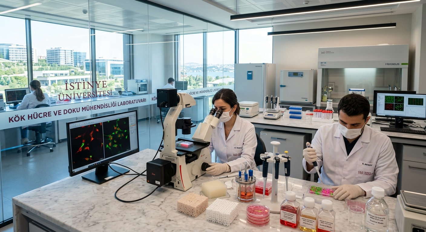 Modern biomedical research laboratory at Istinye University Istanbul with scientists in white lab coats examining stem cell cultures under fluorescence microscopes, tissue engineering scaffolds visible on workbenches, bright LED lighting and glass walls