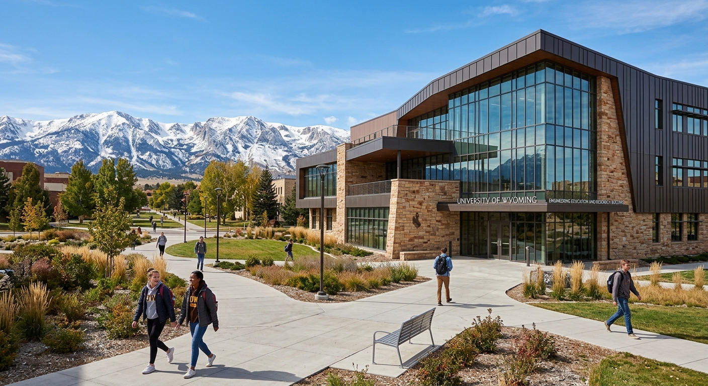 University of Wyoming Engineering Education and Research Building exterior with mountain backdrop, modern glass and brick architecture, students walking on campus pathways under clear blue Wyoming sky