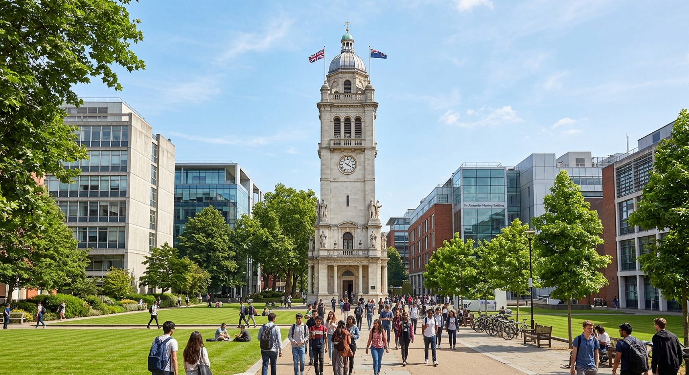 Imperial College London Queen's Tower surrounded by modern academic buildings and green lawns, South Kensington campus, students walking on pathways, sunny day