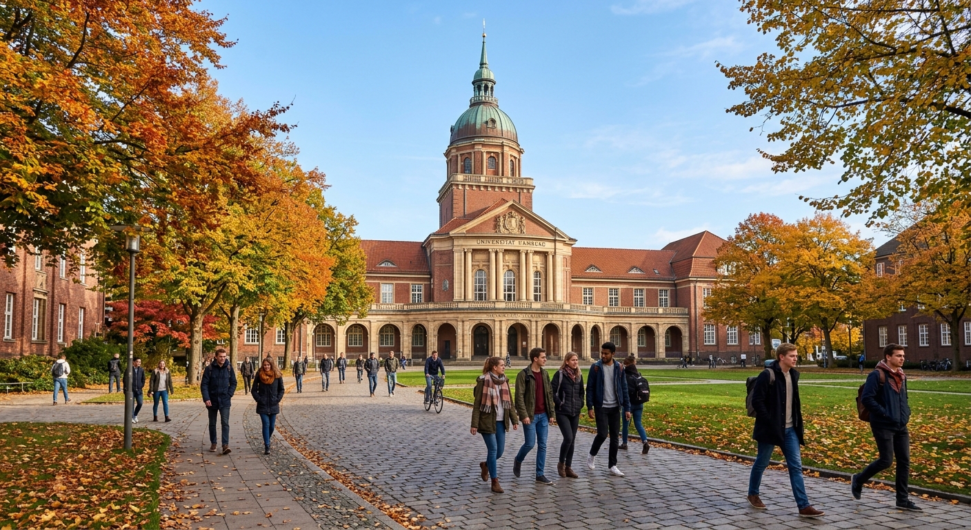 University of Hamburg main building with classical architecture, students walking across campus grounds in Hamburg, Germany, autumn trees lining the pathway, clear sky