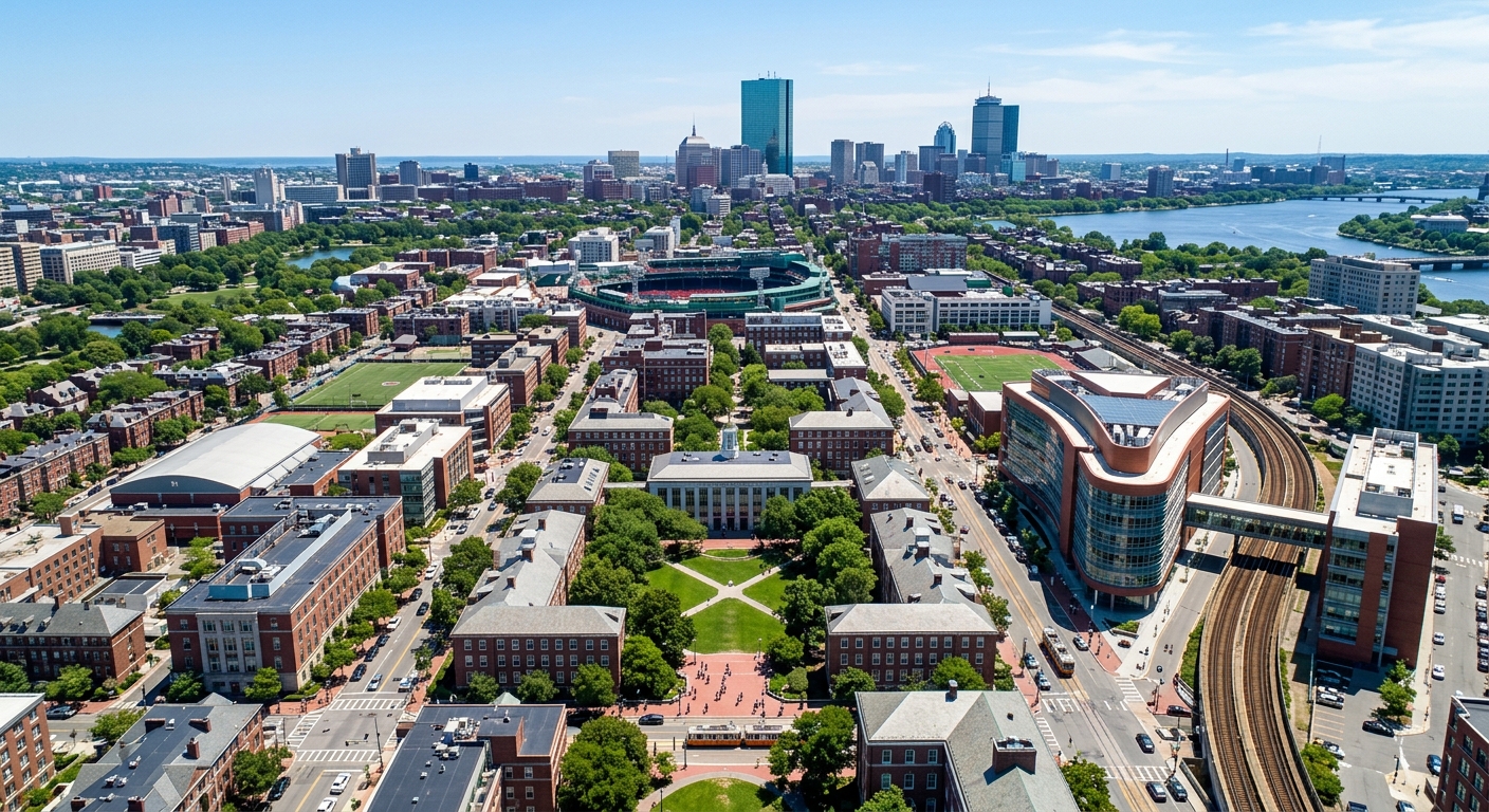 Northeastern University Boston campus aerial view showing red brick buildings, green quadrangles, and the Interdisciplinary Science and Engineering Complex along Huntington Avenue, with the Boston skyline and Fenway neighborhood in the background under clear blue skies