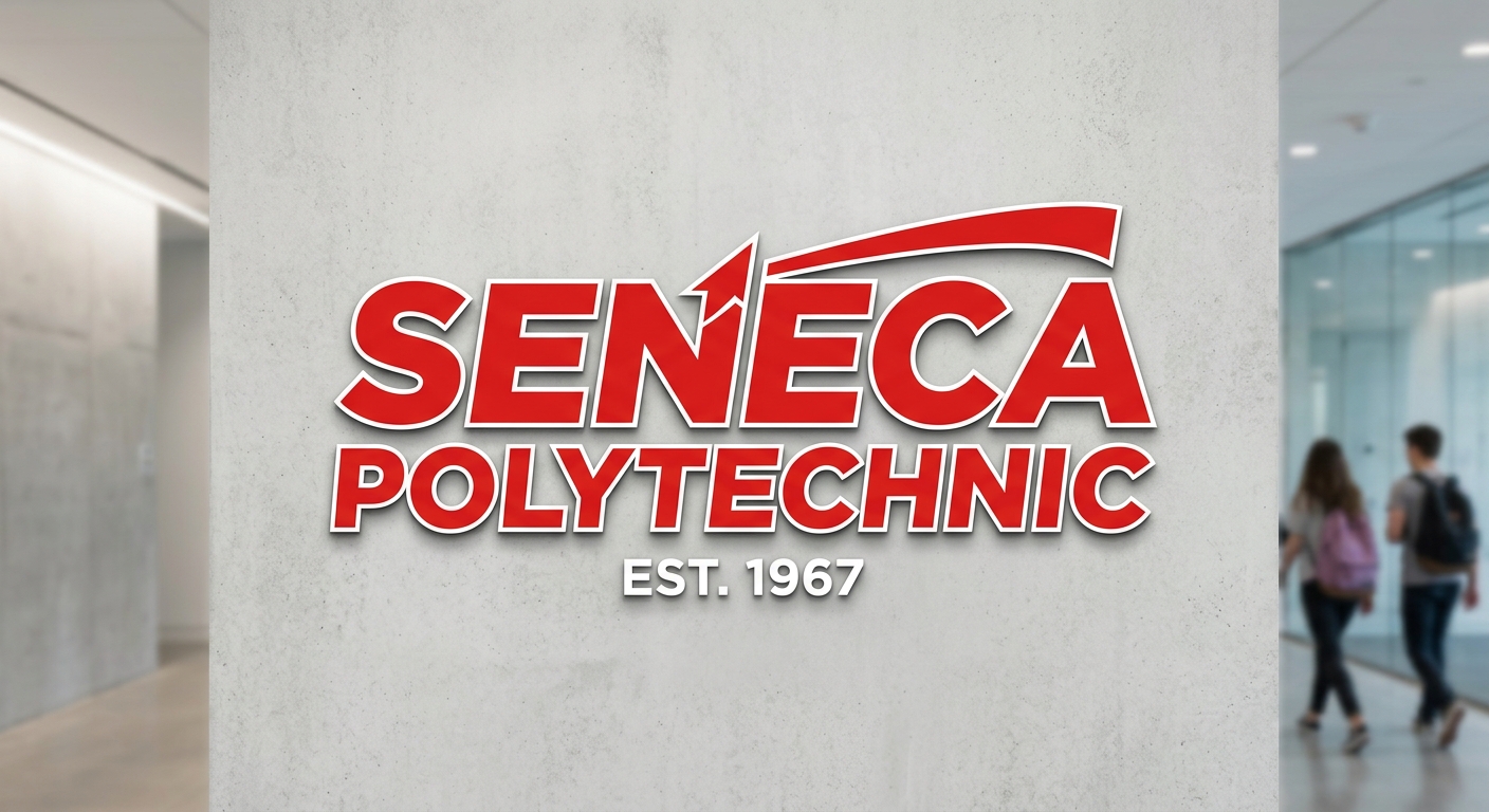Seneca Polytechnic official logo, bold red and white text-based design with stylized wordmark