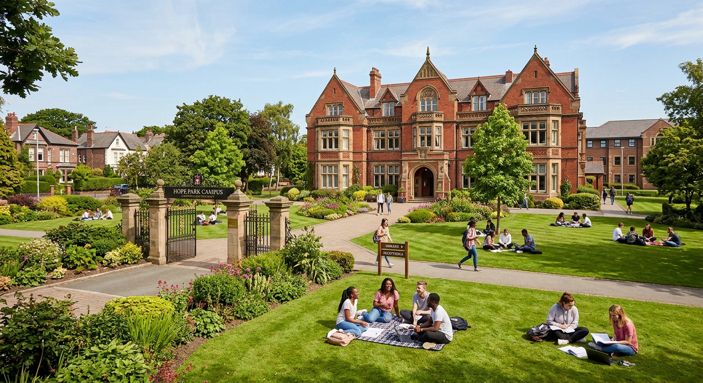 Hope Park campus main entrance with landscaped gardens, red brick Hilda Constance Allen Building, students studying on green lawns, sunny day in Liverpool suburb of Childwall