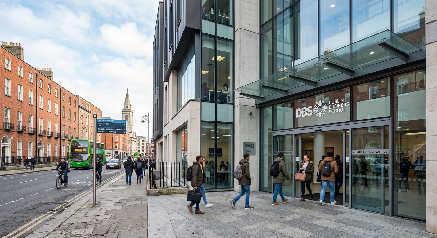 Modern Dublin Business School campus building on Aungier Street in Dublin city centre, with students walking through glass entrance doors, contemporary architecture, Irish urban setting with Georgian buildings nearby
