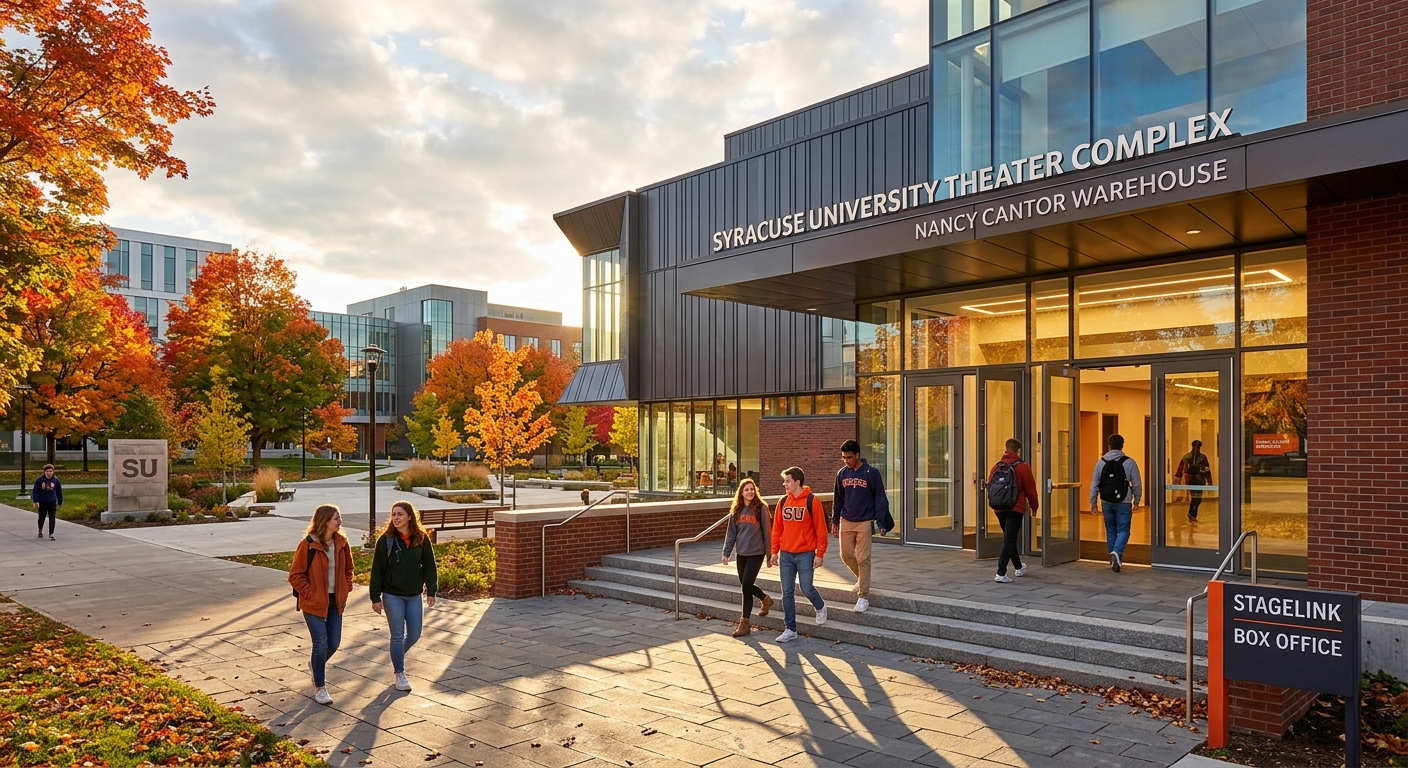 Syracuse University theater complex exterior with modern architecture, students entering through glass doors, autumn trees lining the walkway, warm afternoon light casting long shadows across the campus grounds
