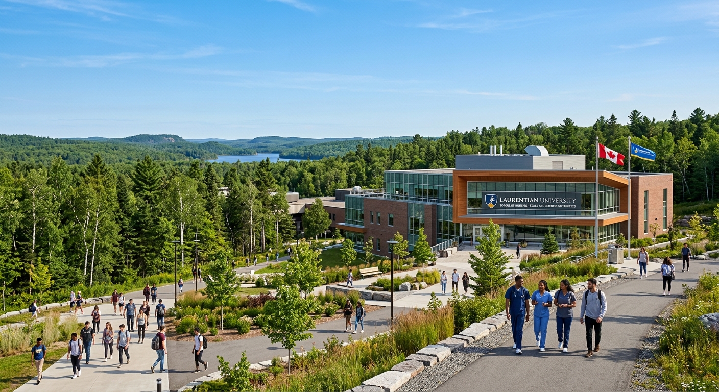 Laurentian University campus in Sudbury, Ontario, Canada with modern nursing school building, green forested surroundings, students walking along pathways, clear sky over Northern Ontario landscape