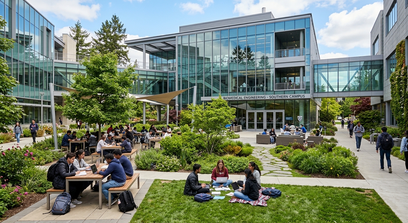 Modern BME Southern Campus buildings with glass facades, contemporary architecture, green courtyard, students studying outdoors