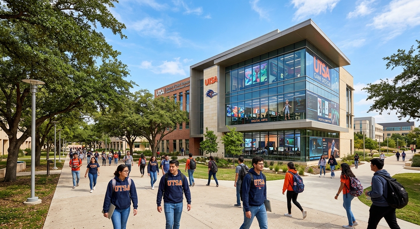 Modern university campus building at the University of Texas at San Antonio with students walking along tree-lined pathways, digital art and game design graphics overlaid on screens visible through glass windows, sunny Texas sky