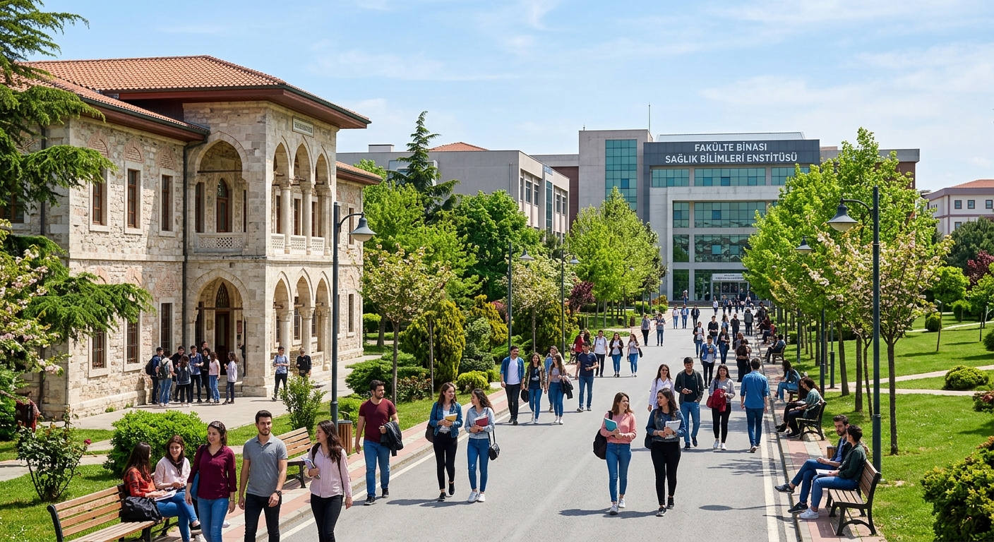 Modern Istanbul Sabahattin Zaim University Halkalı campus with green spaces, historic stone buildings alongside contemporary facilities, students walking through tree-lined pathways, health sciences faculty building visible in background