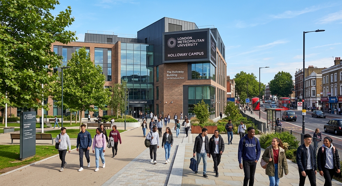 London Metropolitan University Holloway campus building exterior with modern architecture, students walking on campus grounds, urban London setting with trees and clear sky