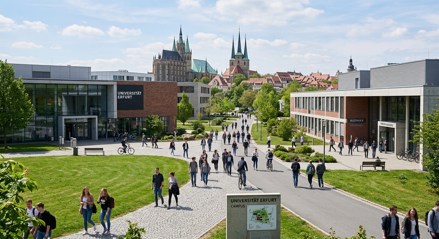 Modern university campus of the University of Erfurt in Thuringia Germany, green lawns and contemporary lecture buildings with students walking between classes, historic Erfurt cityscape in background with cathedral spires