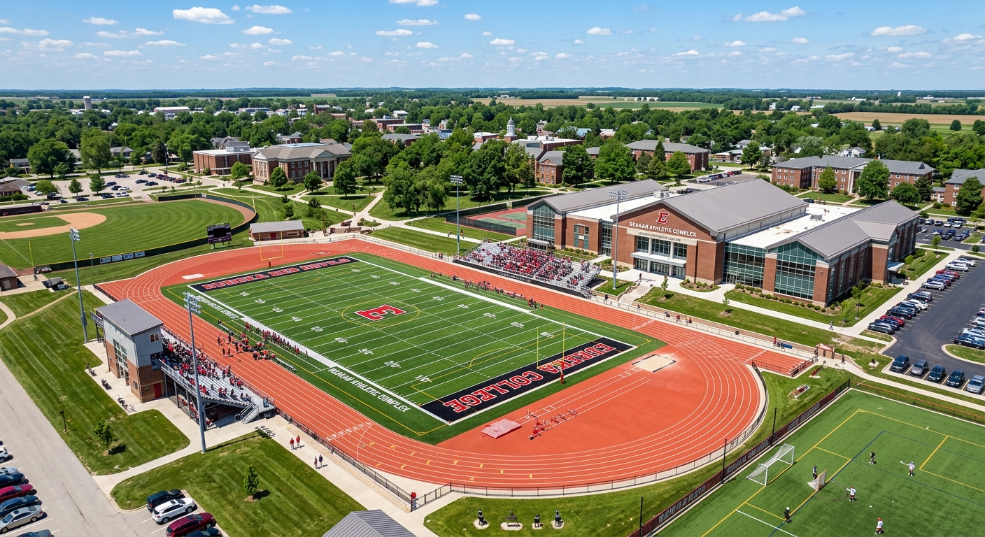Reagan Athletic Complex at Eureka College, a modern sports facility with football field, track, and gymnasium buildings under blue skies