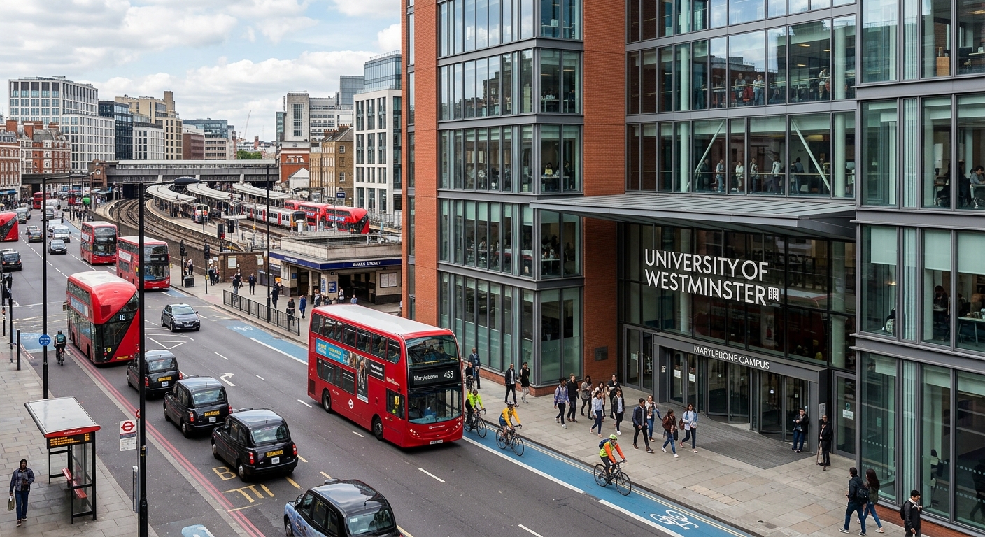 University of Westminster Marylebone campus building in central London with modern architecture, busy London street with buses and cyclists, urban transport infrastructure visible in the background