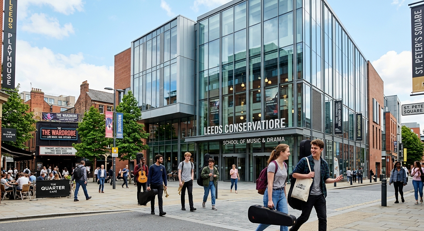 Modern conservatoire building in Leeds city centre with glass facade, students carrying instrument cases walking through a vibrant cultural quarter, performance venue signage visible