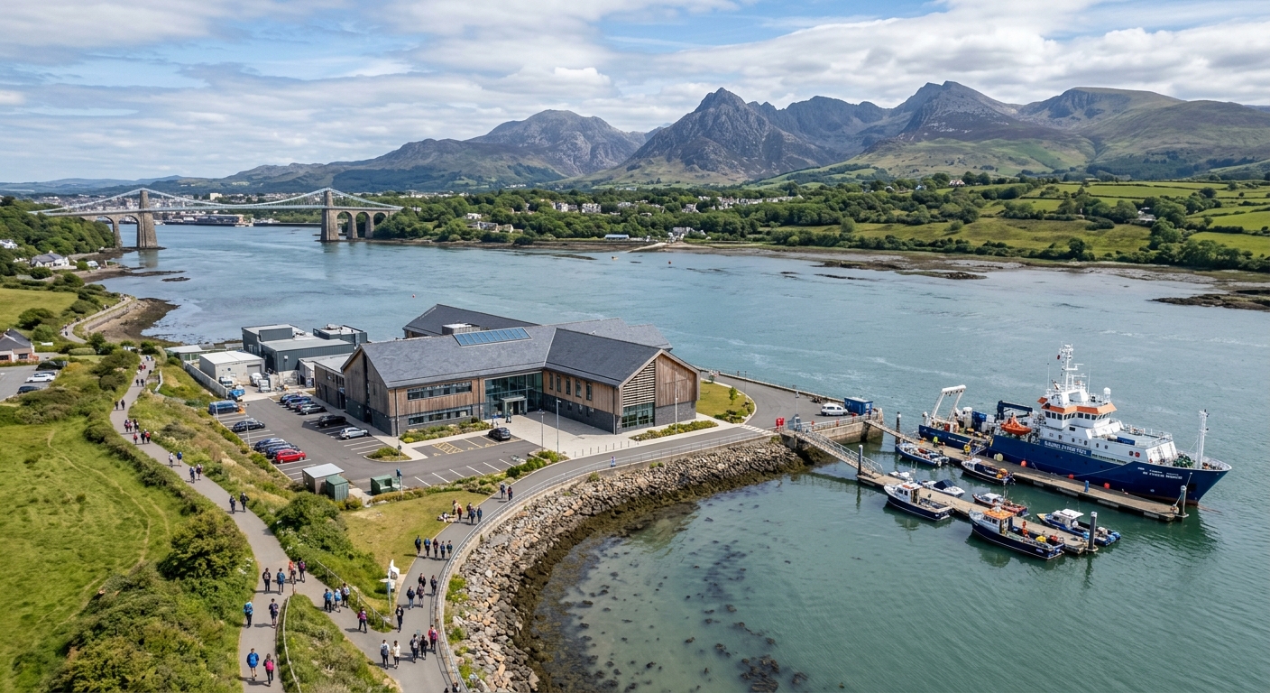 Aerial view of Bangor University School of Ocean Sciences building on the Menai Strait coastline in North Wales, with research vessels docked nearby, mountains of Snowdonia visible in the background, and students walking along coastal pathways