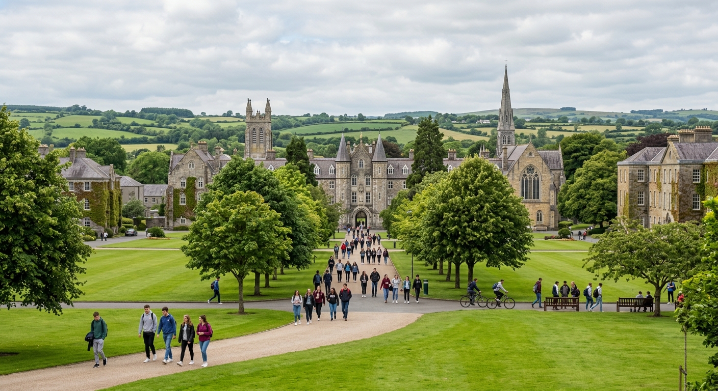 Historic Maynooth University campus with stone buildings and green lawns, students walking along tree-lined paths, Irish countryside in the background under soft overcast sky