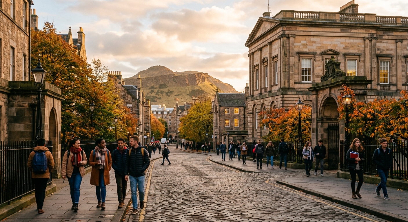 University of Edinburgh historic Old Town campus buildings with Arthur's Seat in the background, students walking along cobblestone paths, autumn atmosphere with golden light