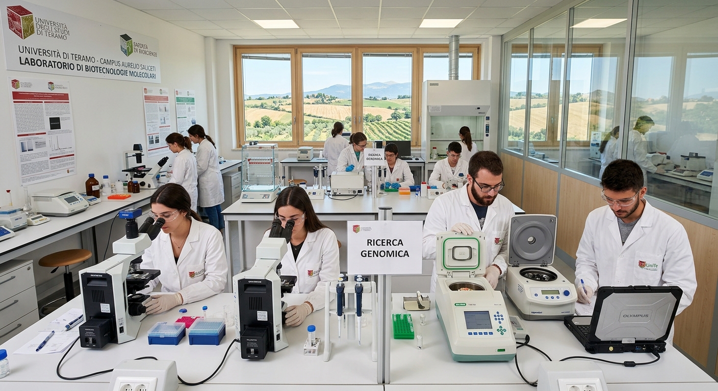 Modern biotechnology laboratory at University of Teramo Campus Aurelio Saliceti, students working with microscopes and molecular analysis equipment, bright clean lab environment with Italian countryside visible through windows