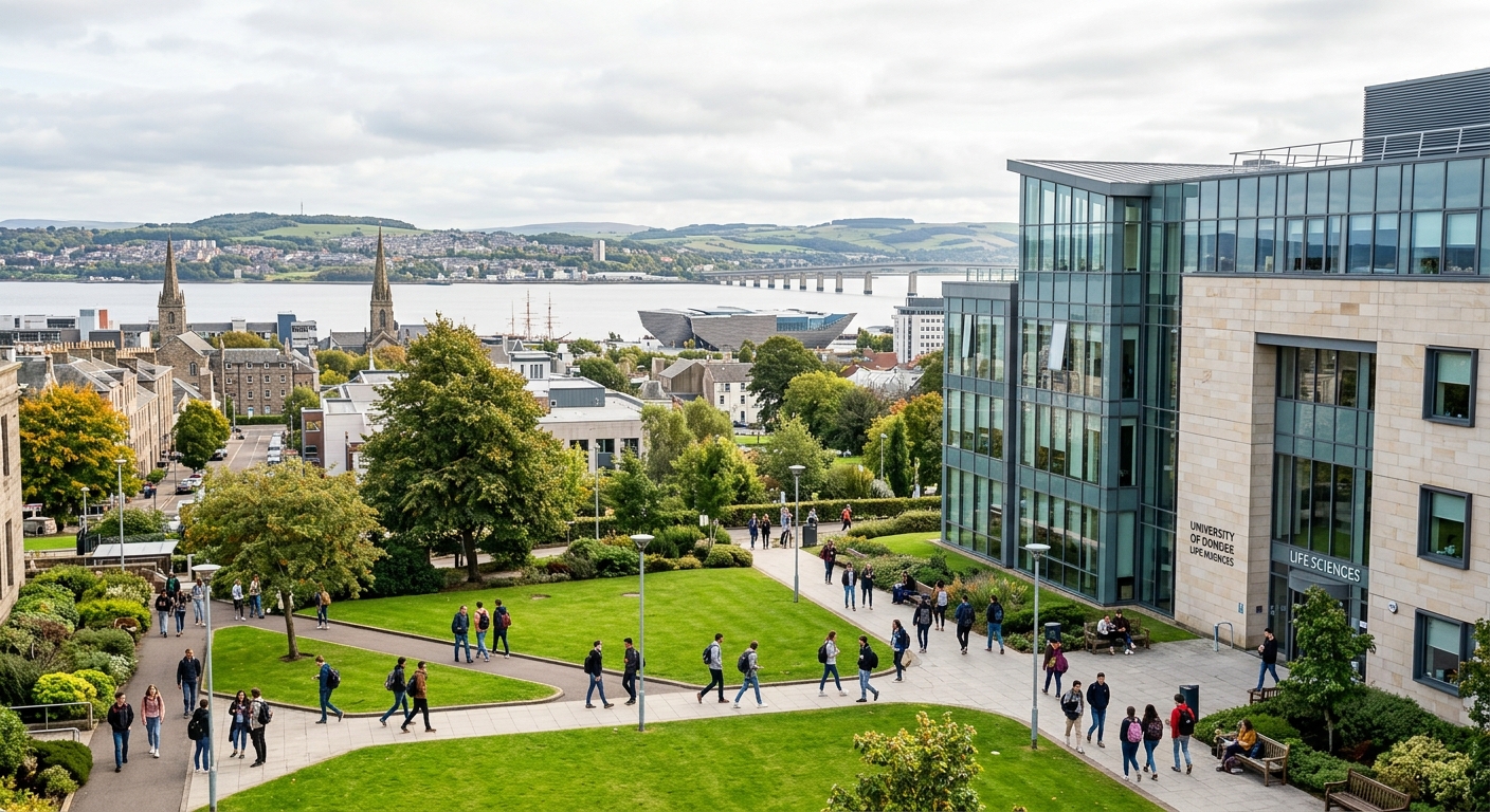 University of Dundee campus with modern life sciences building, students walking through green courtyard, Scottish cityscape in background with River Tay visible, bright overcast sky
