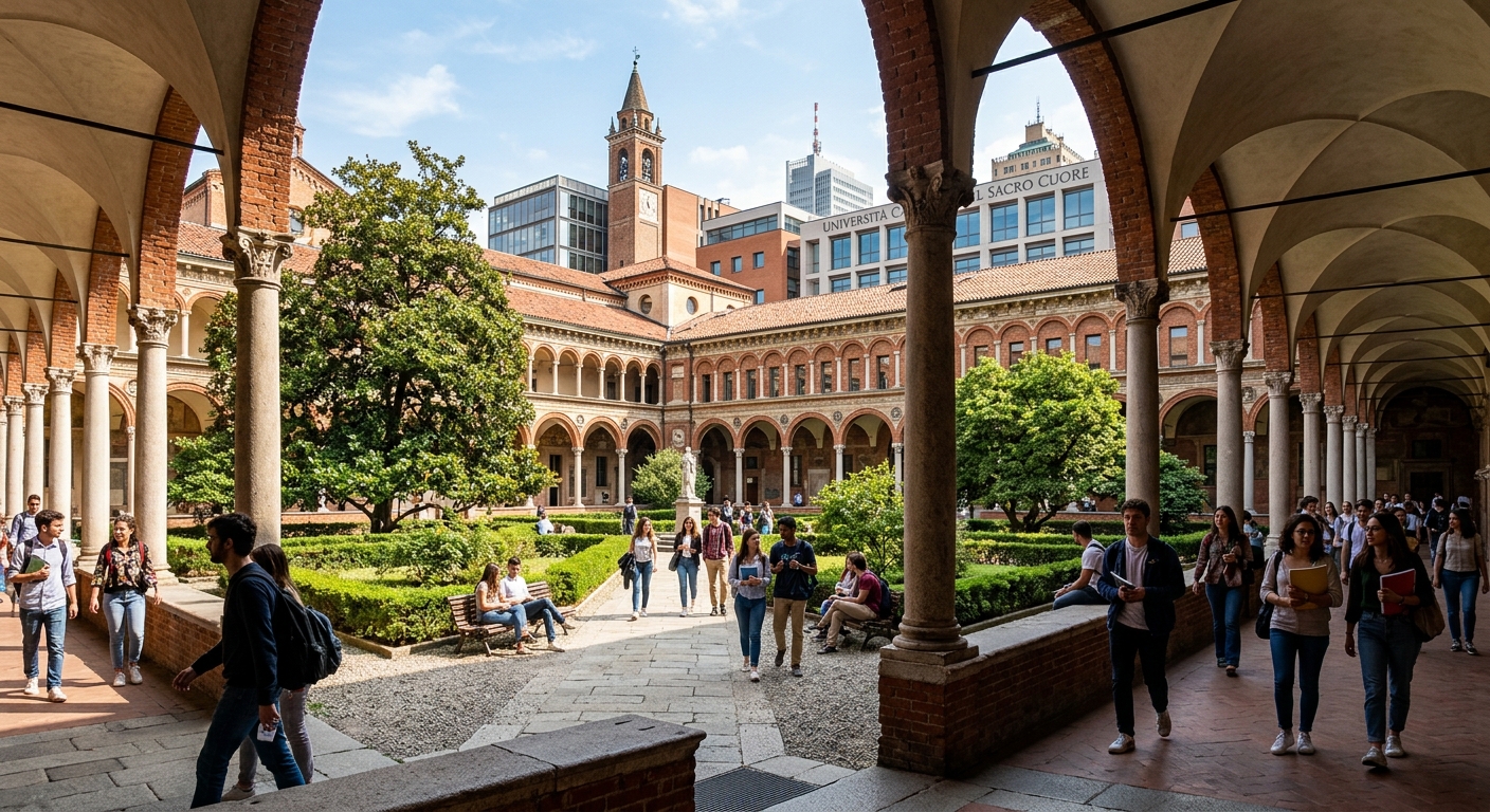 Historic Cistercian monastery campus of Università Cattolica del Sacro Cuore in Milan, Italy, with elegant arched cloisters, students walking through sunlit courtyards, and modern academic buildings in the background
