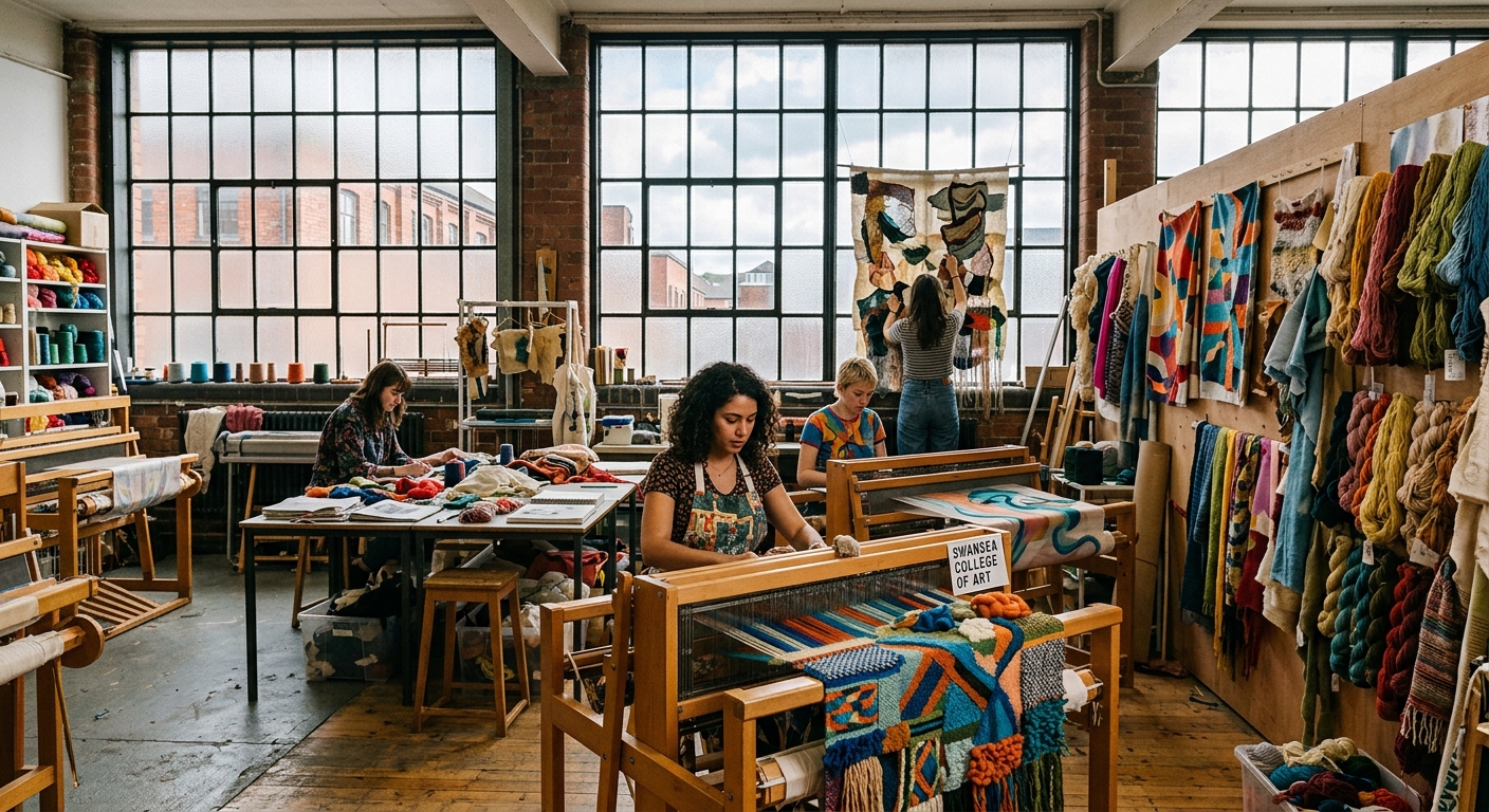 Textile art studio at Swansea College of Art with colourful fabric samples, weaving looms, and students working on contemporary textile installations, natural light streaming through large industrial windows