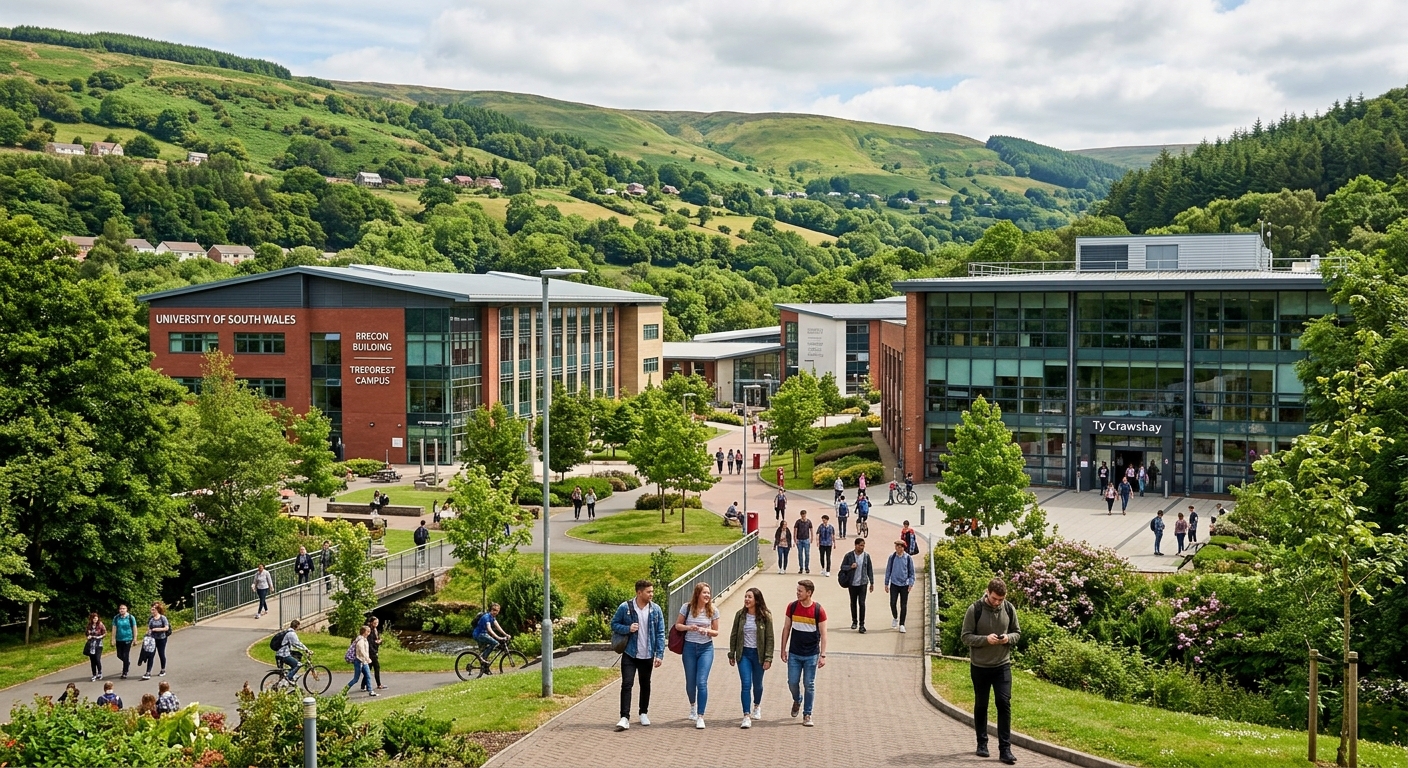 University of South Wales Pontypridd Treforest campus, large modern university buildings surrounded by Welsh valleys greenery, students walking between buildings