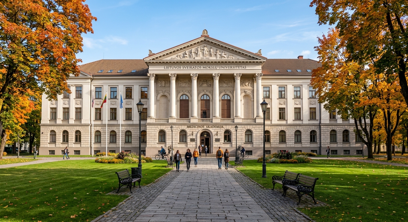 Lithuanian University of Health Sciences main campus building in Kaunas, a grand neoclassical facade with columns, green lawns in front, autumn trees lining the walkway, clear blue sky