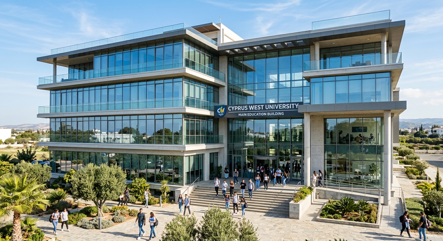 Cyprus West University main education building, modern architecture with large glass windows, students entering through the main entrance, sunny Mediterranean day