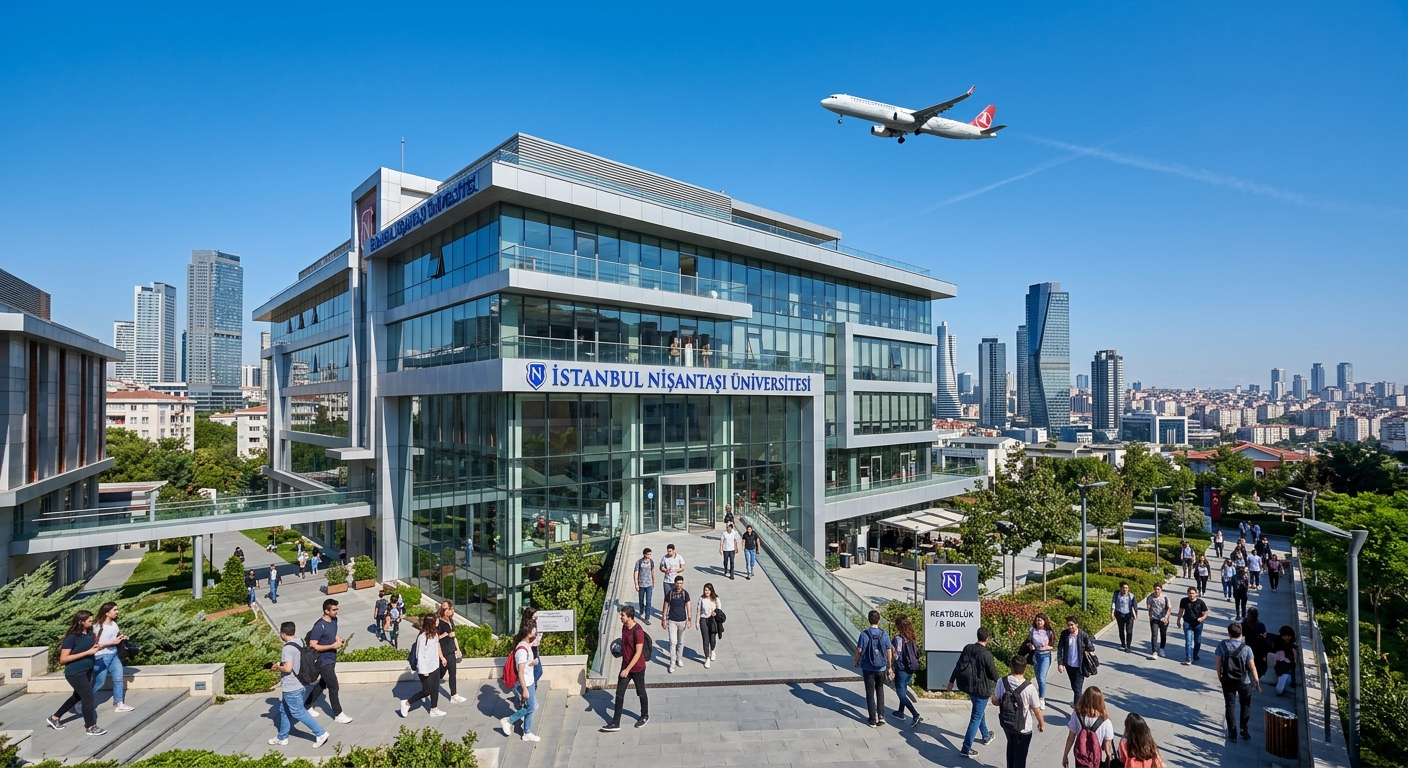 Modern Istanbul Nisantasi University campus building in Maslak district with glass facades, students walking on pathways, commercial aircraft flying overhead against a clear blue sky, Istanbul cityscape in the background