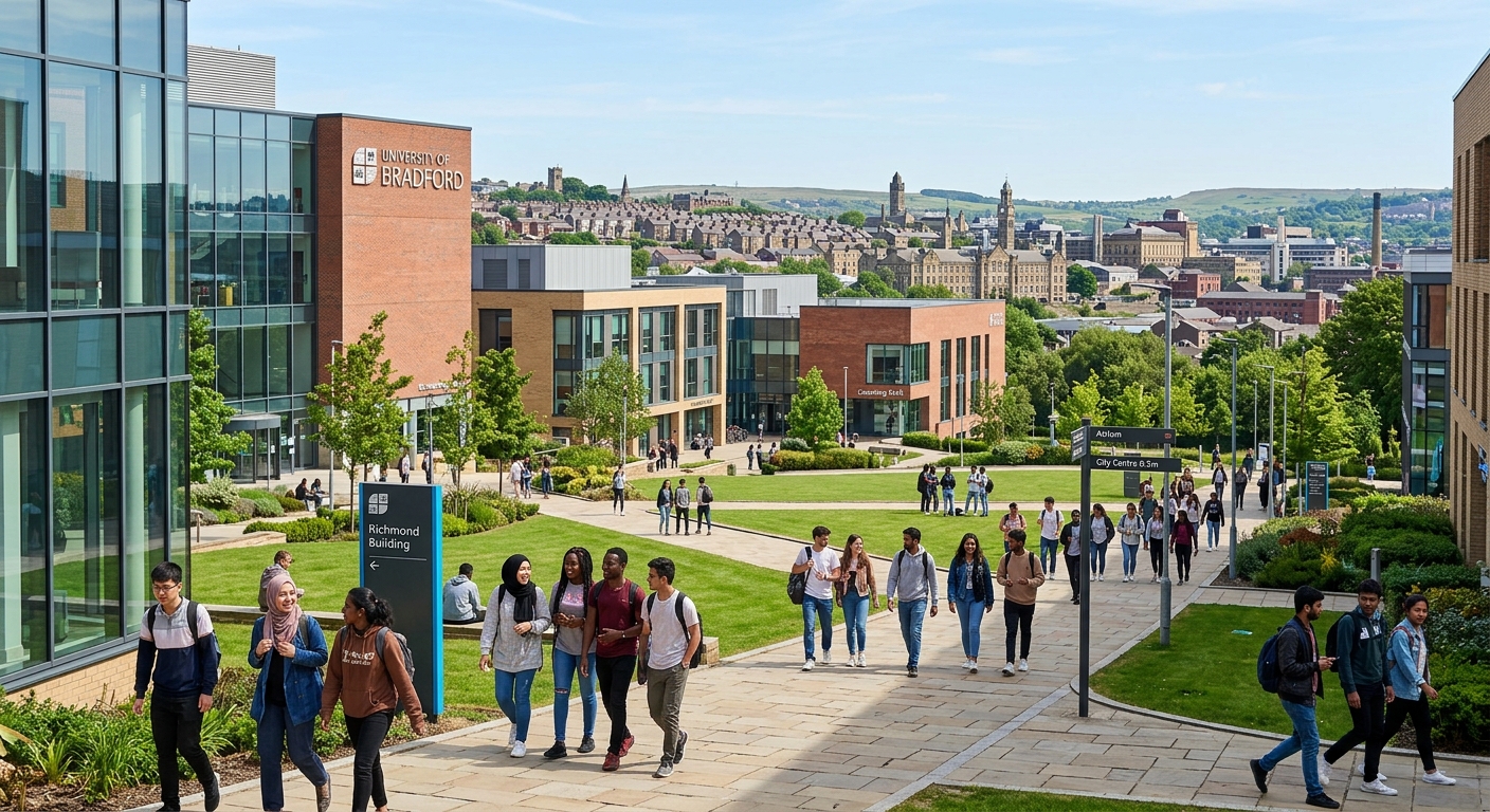 University of Bradford campus with modern academic buildings, green lawns, and diverse international students walking along pathways, city of Bradford visible in the background under a clear sky