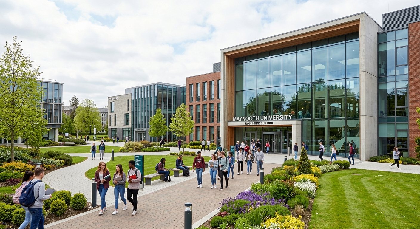 Maynooth University North Campus modern academic buildings including the John Hume Building with glass facades, landscaped courtyards, students walking on pathways