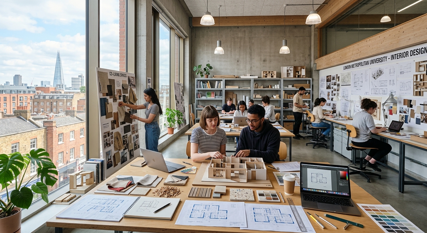 Modern interior design studio at London Metropolitan University, students working on spatial design models and mood boards, large windows with natural light, material samples and architectural drawings on desks, creative workspace in London