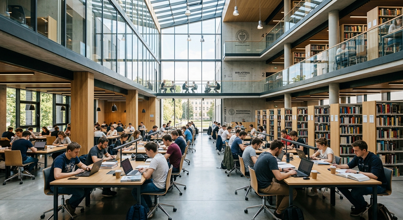 Modern WUT library interior, open study spaces with natural light, students at desks, bookshelves, contemporary design with glass walls