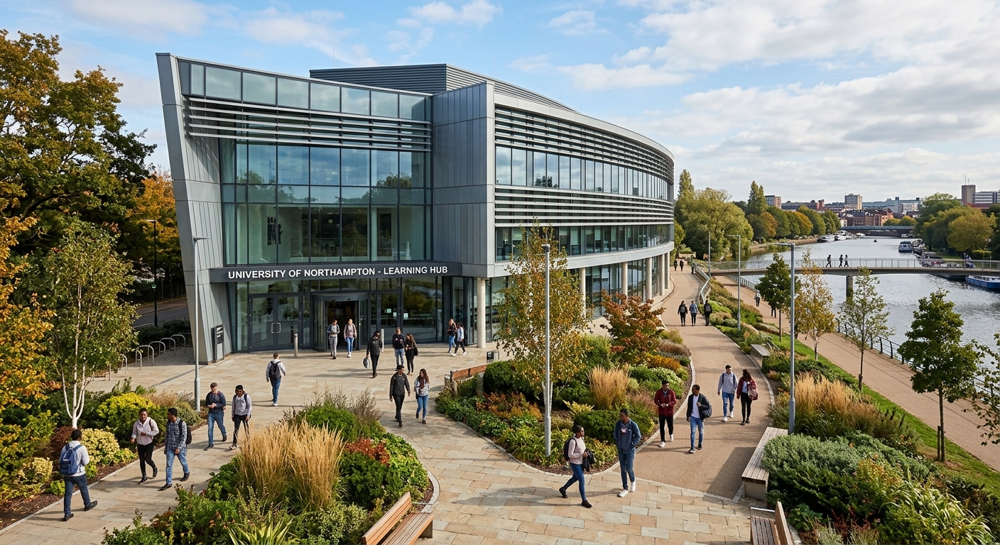 University of Northampton Learning Hub building exterior, modern glass and steel architecture, students walking on landscaped pathways, River Nene visible in background
