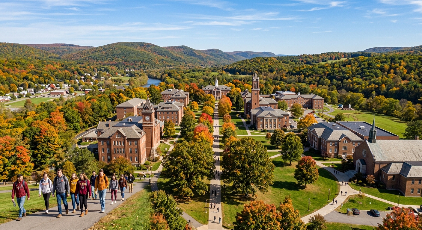 Scenic 500-acre campus of St. Bonaventure University in Allegany, New York, surrounded by the rolling hills and forests of Western New York, with students walking along tree-lined paths near historic brick buildings under a clear blue sky