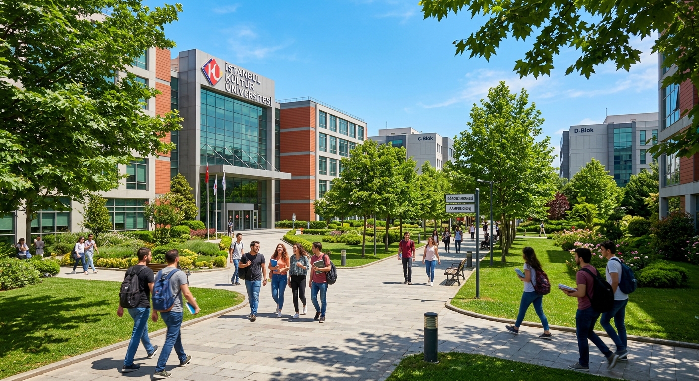 Istanbul Kültür University campus in Istanbul Turkey with modern academic buildings, green courtyard, and students walking along tree-lined pathways under a clear blue sky
