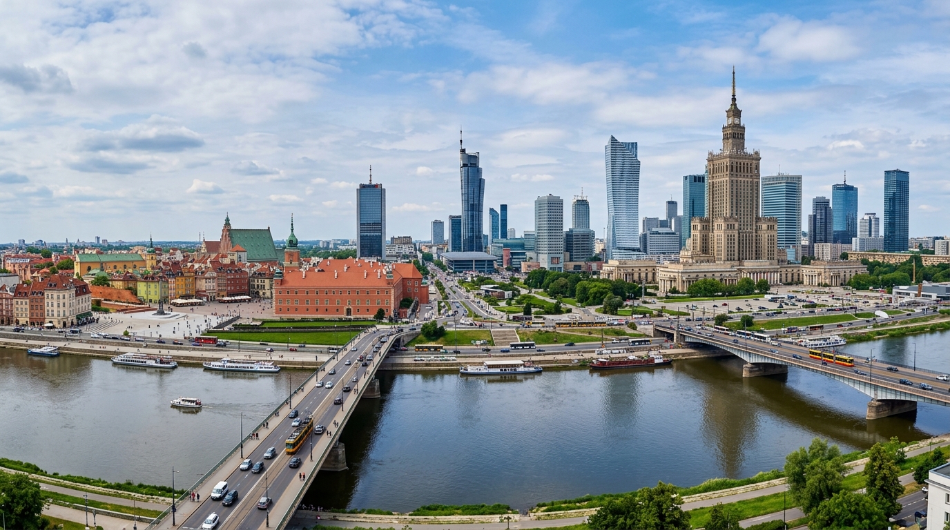 Warsaw city skyline panorama, modern skyscrapers alongside historic Old Town, Vistula River in foreground, Palace of Culture and Science visible, blue sky with scattered clouds, vibrant urban landscape