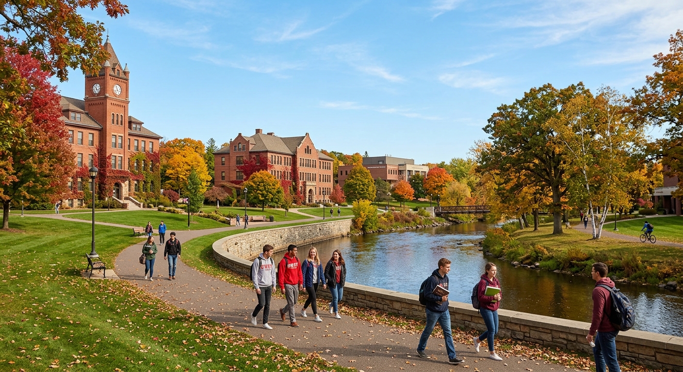 University of Wisconsin-River Falls campus in autumn, historic brick academic buildings surrounded by colorful fall foliage, students walking along tree-lined pathways near the Kinnickinnic River, green lawns and a clear blue sky