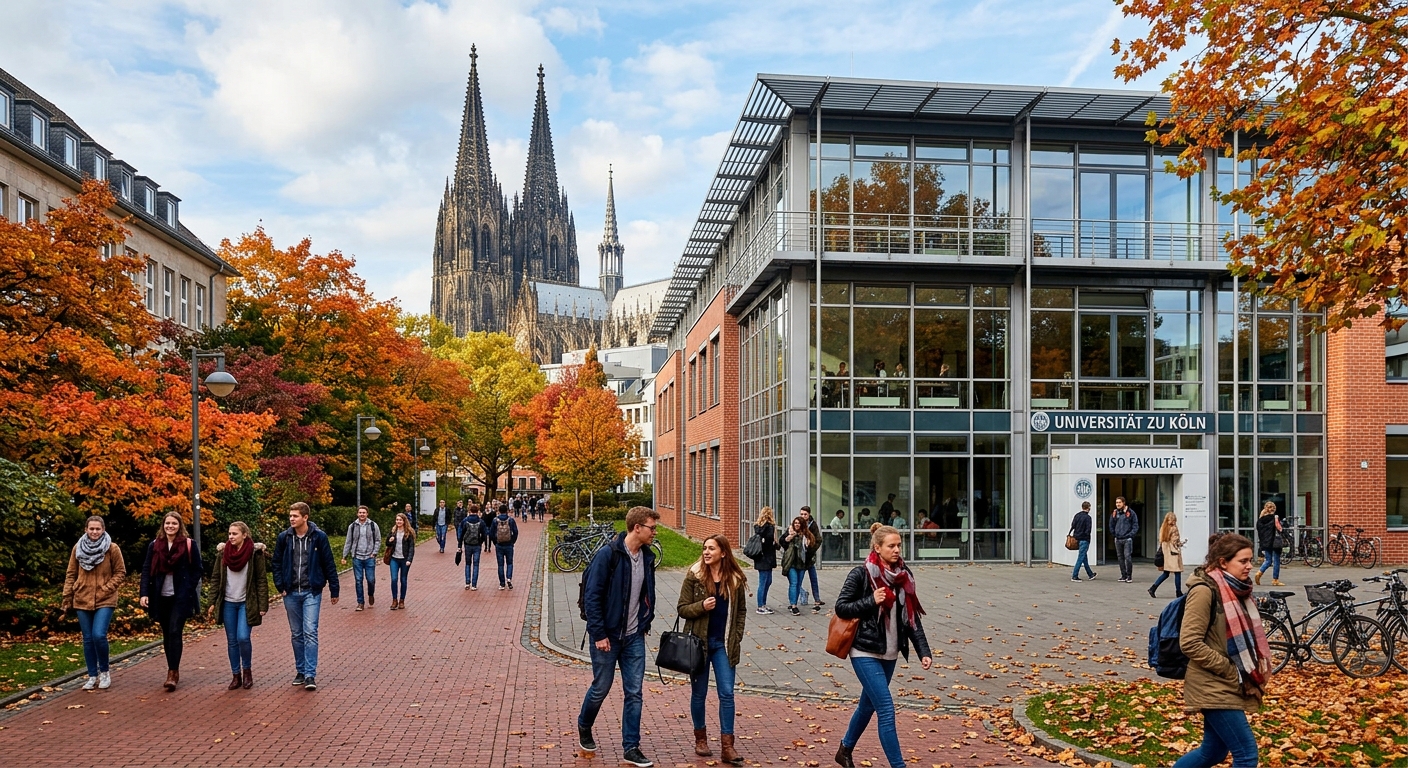 University of Cologne WiSo Faculty building with modern glass facade, students walking on campus, historic Cologne Cathedral visible in the background, autumn trees lining pathways