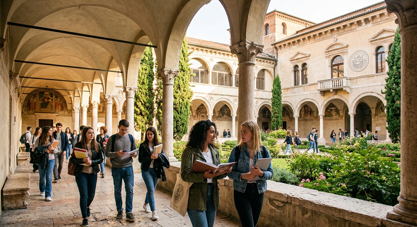 Historic University of Verona campus building with stone arches and courtyard, students walking through a sunlit cloister surrounded by Italian Renaissance architecture, books and digital tablets in hand