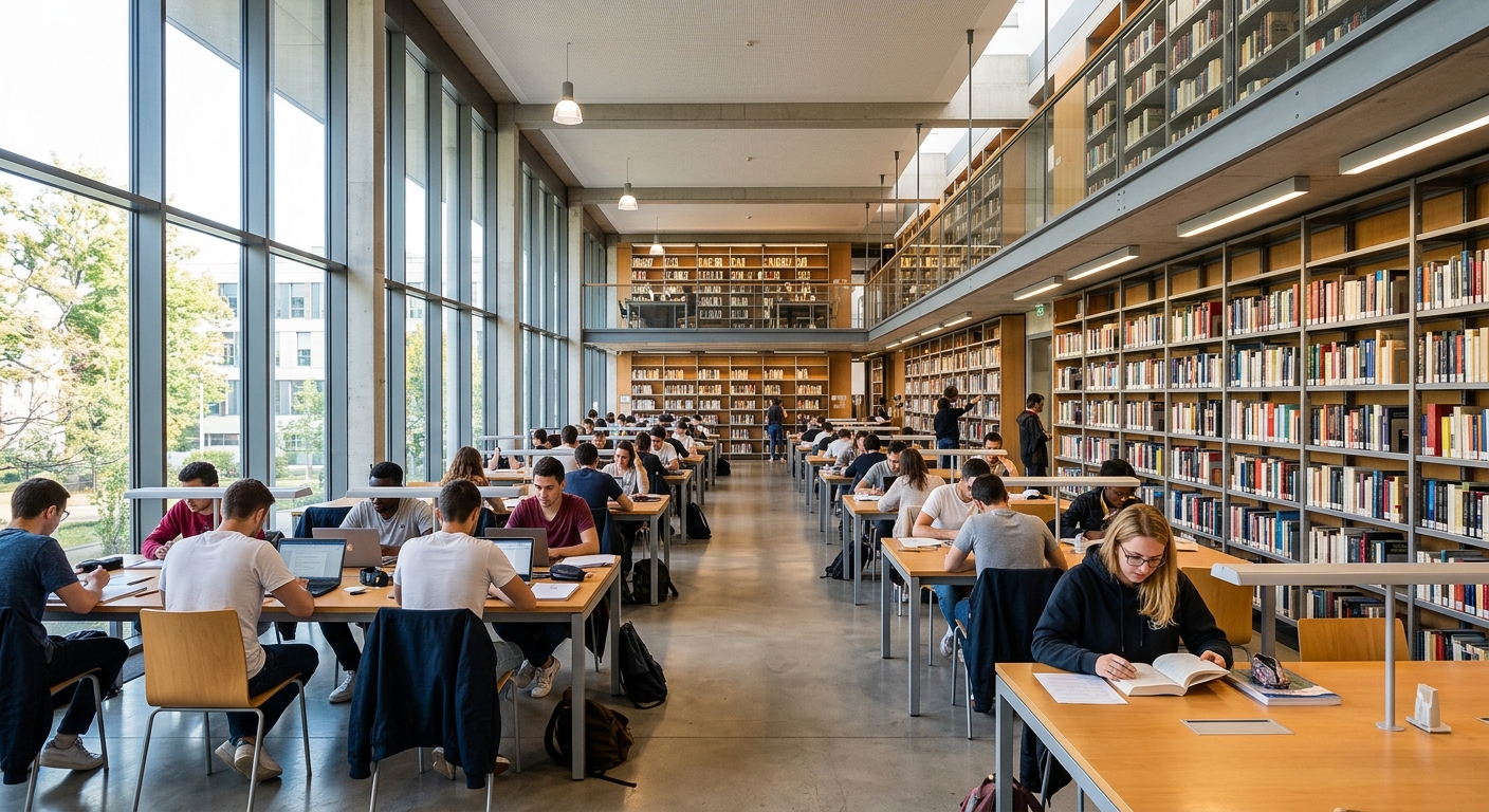 University library interior at Lyon 2, bright reading rooms with rows of desks, students studying, floor-to-ceiling bookshelves, modern lighting
