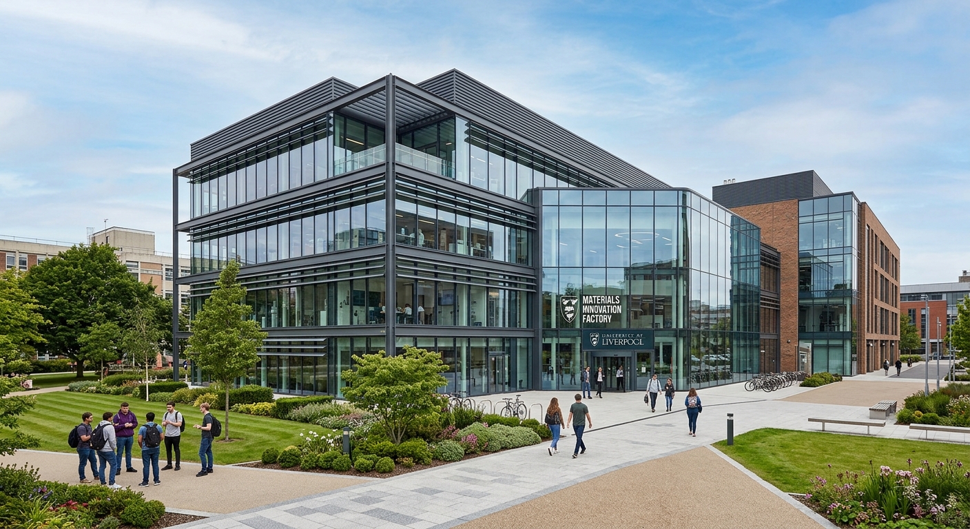 Materials Innovation Factory building at the University of Liverpool, a modern glass and steel research facility with landscaped surroundings