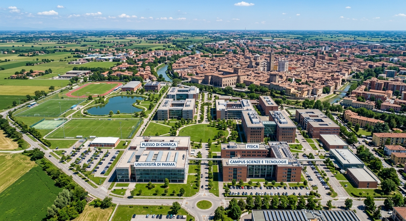 University of Parma main campus aerial view, 77-hectare science campus with modern buildings, green lawns, and the historic city of Parma in the background under clear Italian sky
