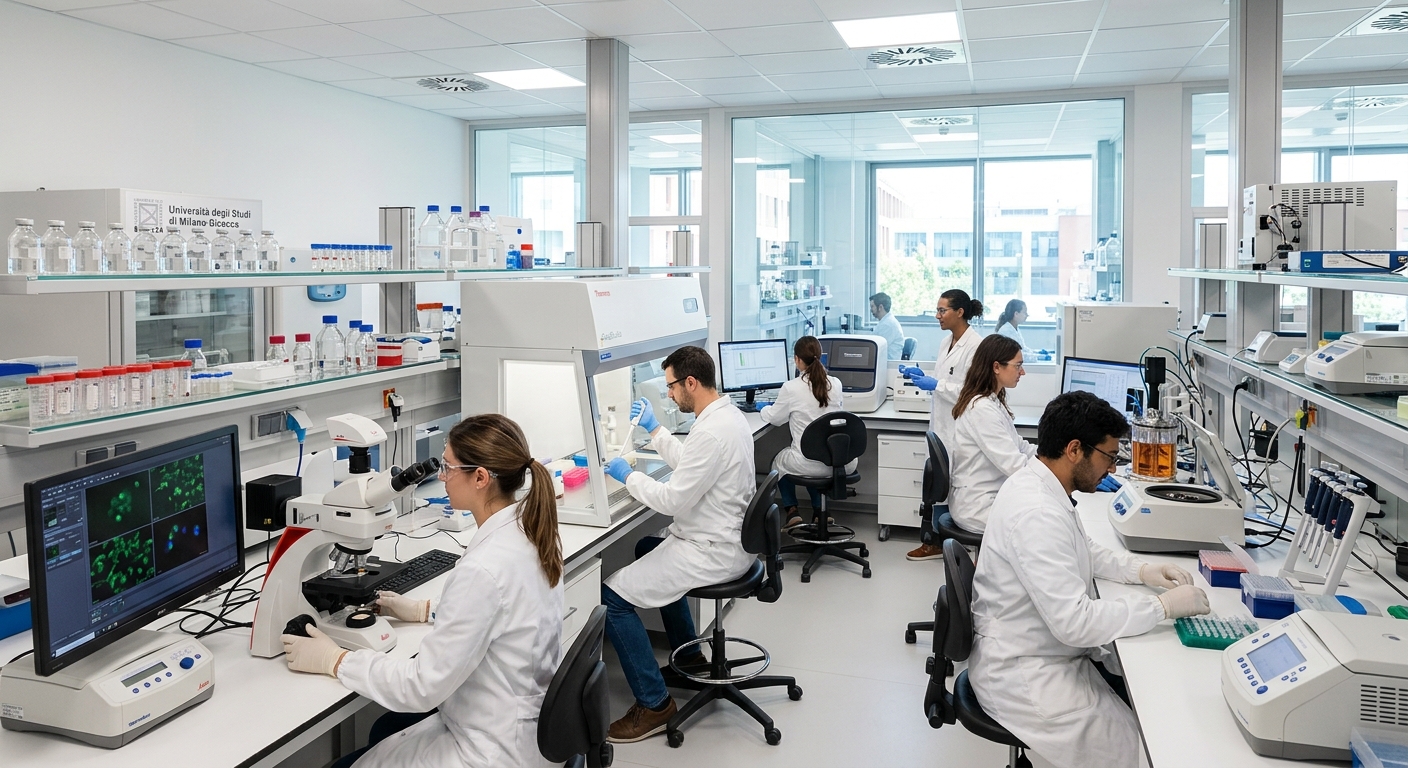 State-of-the-art research laboratory at University of Milano-Bicocca, scientists working with modern equipment, bright clean lab environment, biotechnology instruments