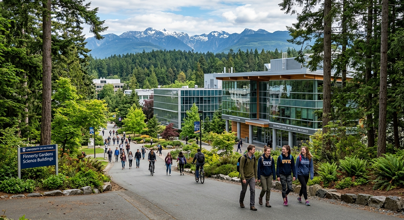 University of Victoria campus surrounded by lush Pacific Northwest forests, modern science buildings with glass facades, students walking along tree-lined pathways with mountain views in the background, Victoria British Columbia Canada