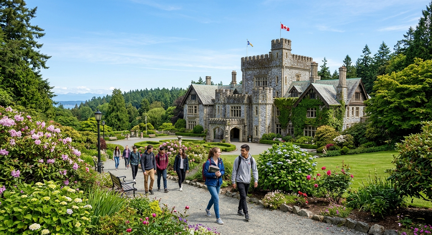 Royal Roads University historic Hatley Castle campus surrounded by lush green forests and gardens on Vancouver Island, British Columbia, Canada, with students walking along pathways under clear skies