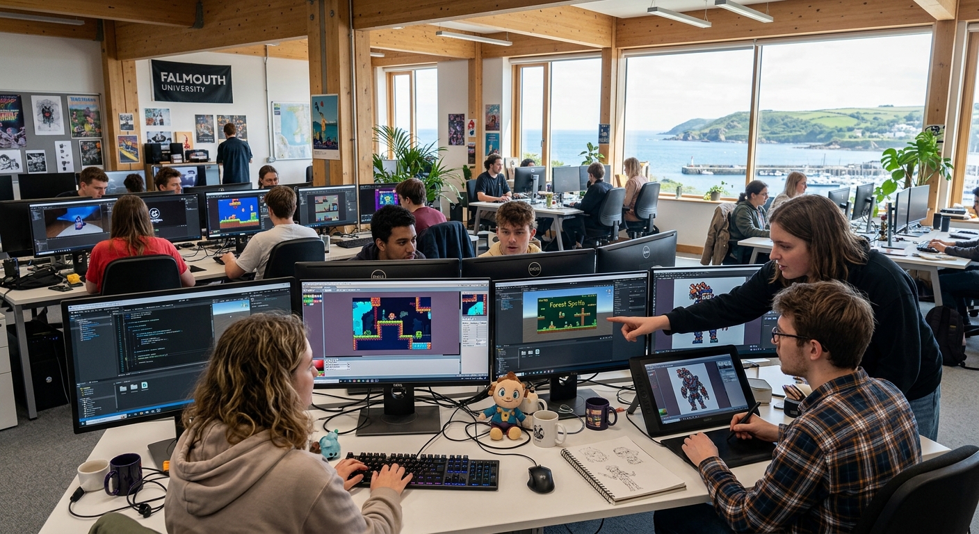 Modern game development studio at Falmouth University with students working on indie game projects, multiple monitors displaying game engines and pixel art, creative coastal campus environment with natural light