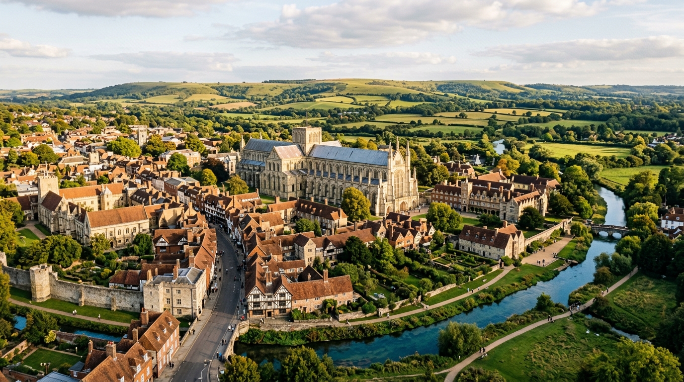 Winchester city panoramic view, Winchester Cathedral in the centre, medieval streets, green South Downs hills in background, River Itchen flowing through, warm afternoon light, quintessential English city