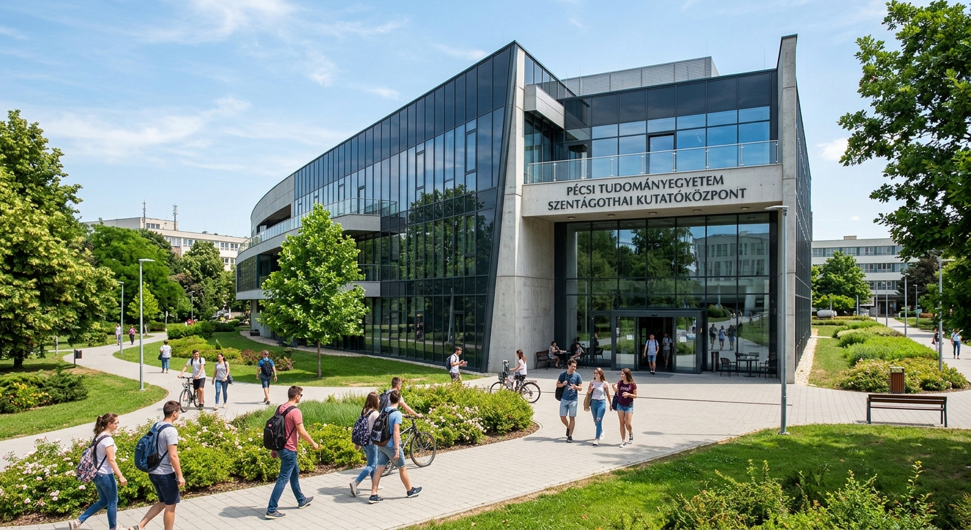 University of Pécs Szentágothai Research Centre modern building exterior with glass facade, green campus surroundings, students walking near the entrance in Pécs Hungary, sunny day